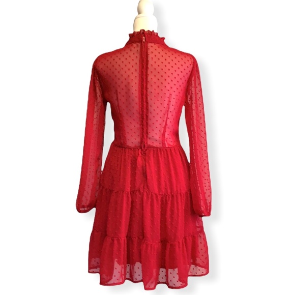 Altar’d State Rich Ruby Red Long Sleeve Tiered High Neck Swiss Dot Holiday Dress - Picture 6 of 11